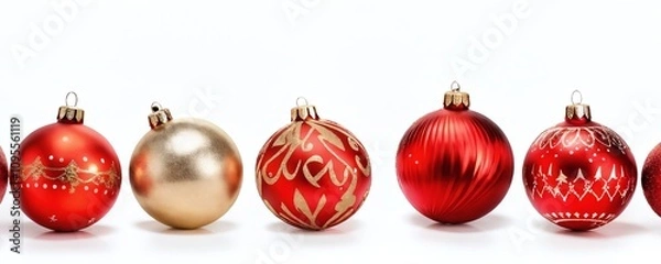 Fototapeta Variety of decorative Christmas ornaments in vibrant red and gold colors arranged symmetrically for holiday celebrations