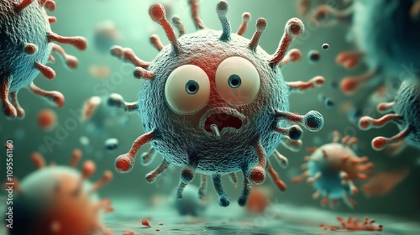 Obraz Cartoon-style virus with exaggerated facial expression, humorous microbiology concept, vibrant 3D illustration