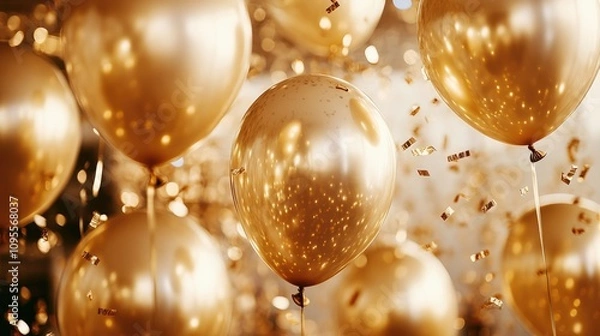 Fototapeta Golden Balloons with Confetti for Celebration Event