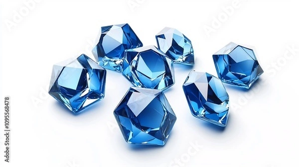 Fototapeta Glossy Blue Geometric Pentagons with Shimmering Reflections on Clean White Background   Modern and Sleek Digital Depicting Concept of Trust and Technology