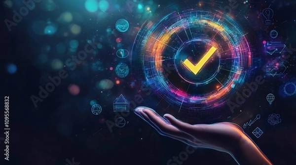 Fototapeta Hand Holding Glowing Sleek Digital Interface with Checkmark Icon and Various and Control Icons on a Modern Dark Backdrop with Vibrant Colors