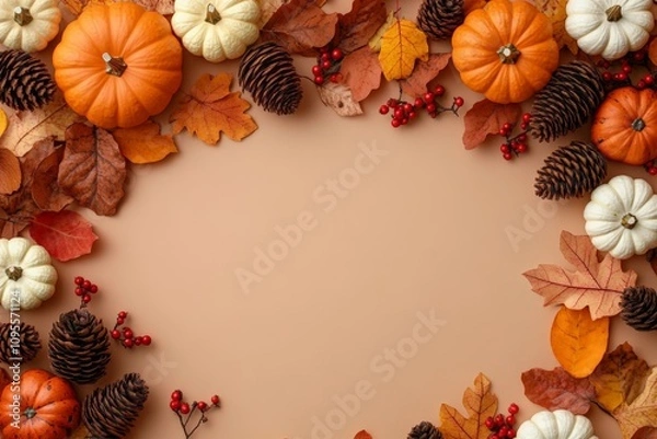 Fototapeta Autumn Top Down View with Pumpkins Gourds Leaves and Fall Decorations