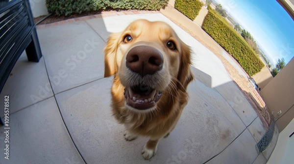Fototapeta A golden retriever looks into the camera, fisheye optic