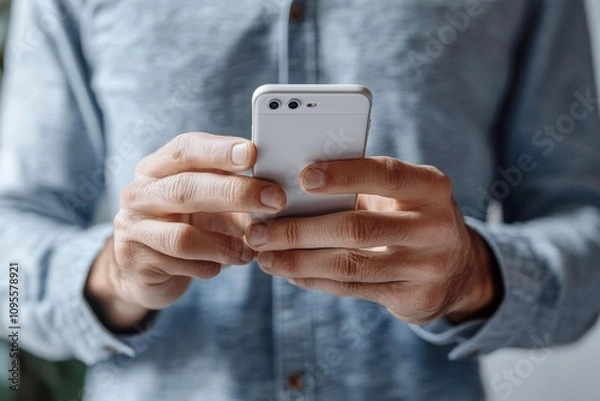 Fototapeta Closeup of a young man holding smartphone and texting with light blue background