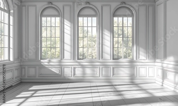 Fototapeta  white empty room with shadow window and green plant on white wall luxury background and wooden floor 