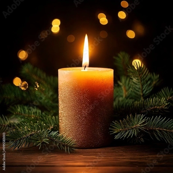 Fototapeta christmas candle with fir branches on a wooden table in a dark cozy room