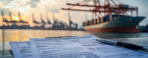 Fototapeta Customs declaration form analysis shipping port document capture industrial environment close-up view logistics insight