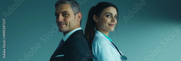 Fototapeta A confident businessman and a female doctor stand back to back, exuding professionalism and teamwork. Their expressions reflect trust and collaboration in their respective fields.