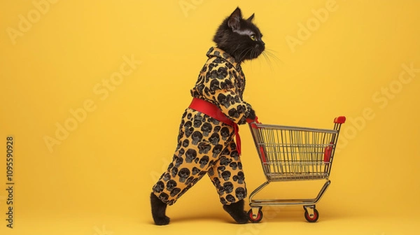 Fototapeta A side view of an anthropomorphic black cat wearing a fashionable outfit, pushing a shopping cart against a vibrant yellow background. The image conveys a whimsical and humorous vibe.