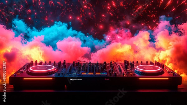 Fototapeta DJ turntables with smoke and neon light