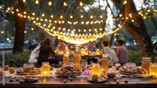 Fototapeta A group of friends enjoy a cozy dinner party outdoors at night, illuminated by string lights and candles.