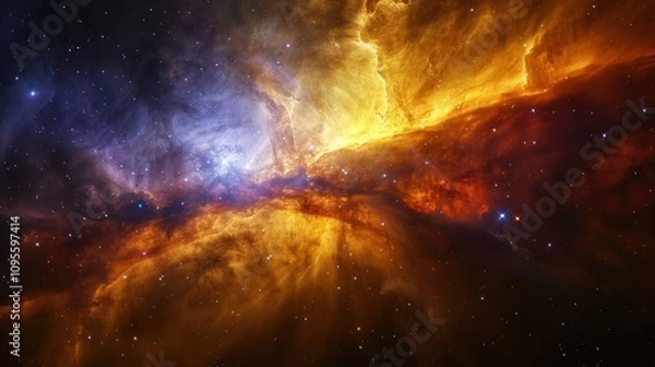 Fototapeta A cosmic nebula with vibrant colors and a bright star in the center, surrounded by a dark and starry background.