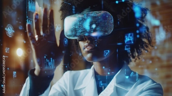 Fototapeta A woman wearing a VR headset, interacting with digital data, exploring the metaverse.