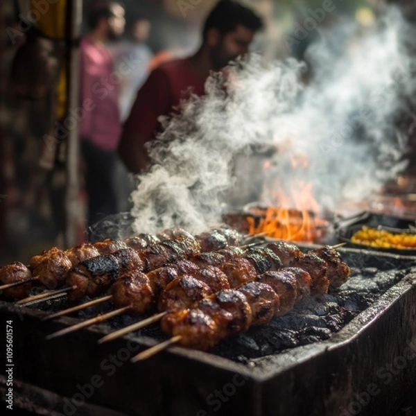 Fototapeta A bustling street food scene with smoky skewers grilling over an open flame, showcasing delicious barbecue and vibrant culinary culture.