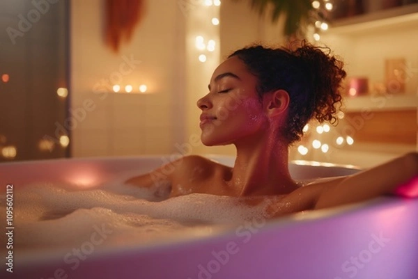 Fototapeta Relaxed woman enjoying a luxurious bath with bubbles and soft lighting.