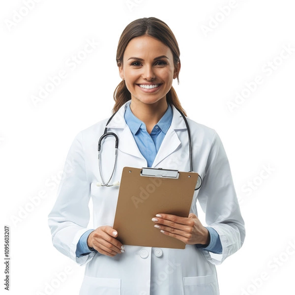 Fototapeta Smiling female doctor holding clipboard isolate on transparent background PNG