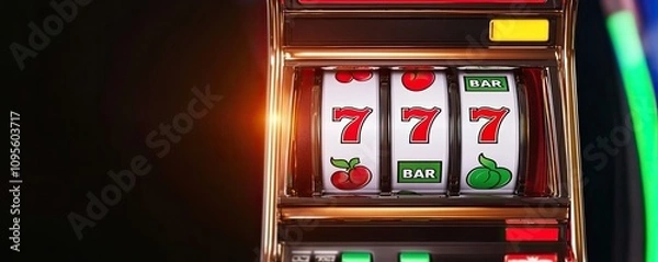 Obraz A vibrant image of a classic slot machine displaying three sevens, accompanied by fruit symbols, representing luck and gambling excitement.
