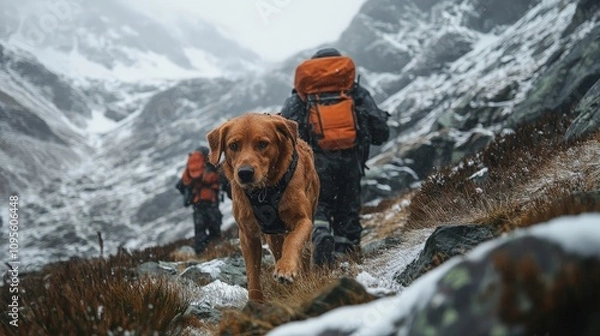 Fototapeta A search and rescue dog leading a rescue team through rough terrain, tirelessly tracking a missing hiker.