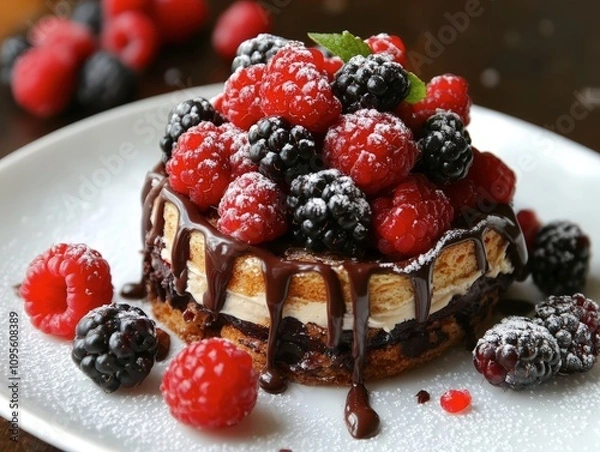 Fototapeta Delicious Raspberry and Blackberry Cake with Chocolate Drizzle