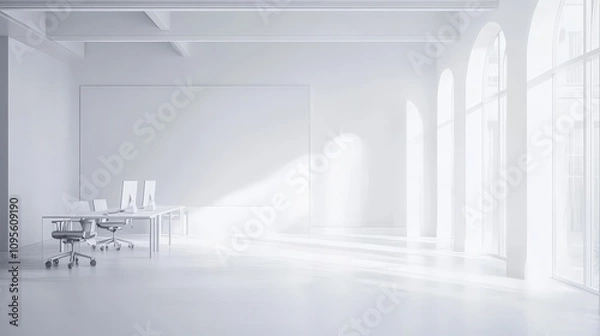 Fototapeta A spacious, bright office interior featuring clean white walls, open desks, and a quiet, serene atmosphere, with an empty wall ready for branding or design mock-ups.