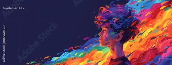 Fototapeta A young Black male artist with curly hair standing in profile, surrounded by vibrant, colorful swirls symbolizing pride and diversity.