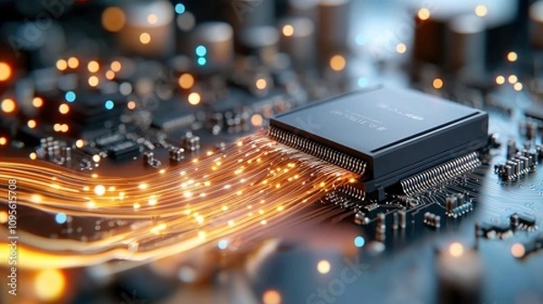 Fototapeta Overhead View of AI Embedded Processor on Circuit Board