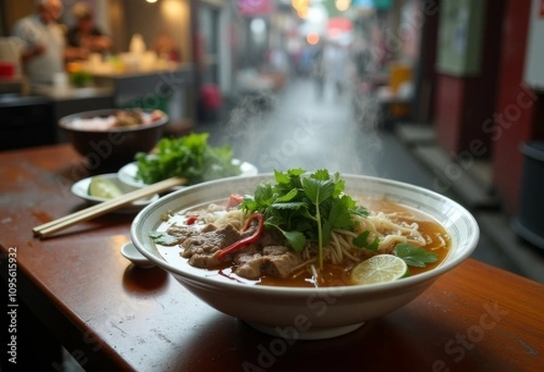 Fototapeta Steaming bowl of noodle soup garnished with fresh herbs in a bustling street market at dusk