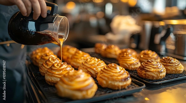 Fototapeta A baker pours syrup over freshly made pastries, showcasing a delicious treat in a warm, inviting cafe setting.