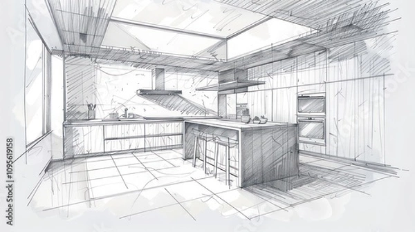 Obraz A sketched design of a modern kitchen featuring an island and minimalist elements.