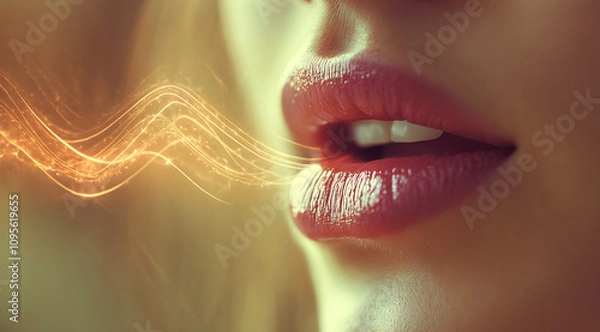 Obraz A close-up of a woman's lips exhaling a wave of energy, captured in a soft, artistic style, emphasizing beauty and expression.