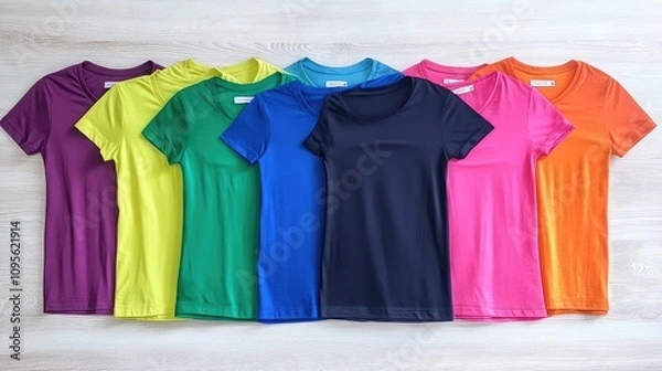 Fototapeta A Colorful Array of Casual T-Shirts Displayed on a Light Wooden Surface, Perfect for Summer Fashion and Everyday Wear for Men and Women