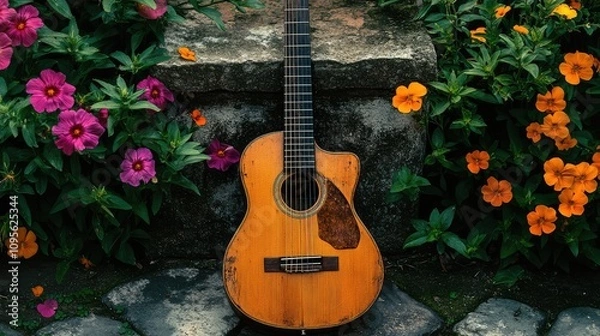 Fototapeta Acoustic guitar resting on a stone backdrop, surrounded by vibrant flowers in a colorful garden setting, showcasing nature's beauty and musical inspiration.