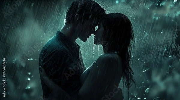 Fototapeta A couple embracing in the rain, with water running down their faces, completely lost in the moment.
