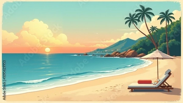 Fototapeta Relaxation on a sunlit beach with palm trees and gentle waves during a serene summer afternoon