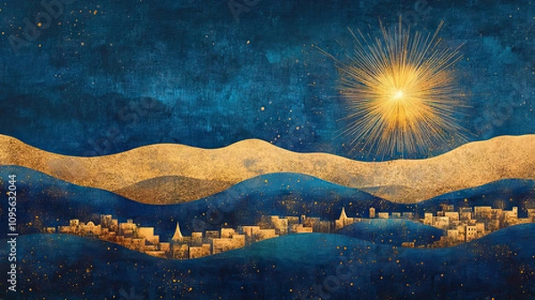 Obraz Epiphany banner with radiant star over a hilly desert landscape with towns, symbolizing the journey of the Magi, in deep blues and golden highlights with copy space.
