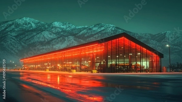 Fototapeta Modern Building With Red Lights In The Mountains
