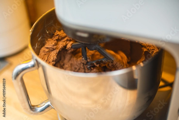 Fototapeta The process of mixing chocolate cream in the chrome bowl of a food processor.
