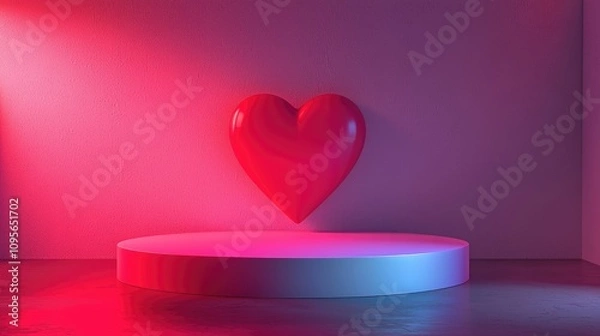 Fototapeta Red Heart Above Circular Pedestal in Neon Lit Room