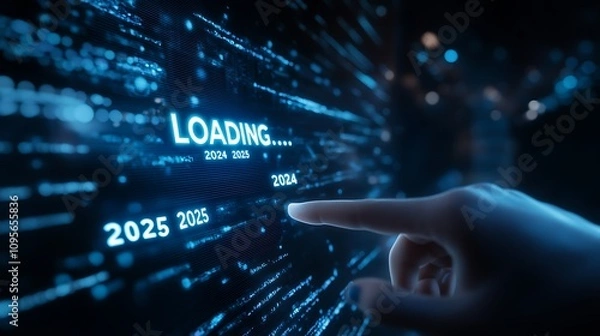 Fototapeta  Progress and transition from 2024 to 2025 concept. A person pointing to loading bar transitioning from 2024 to 2025, progress, future planning, and new year goals. annual planning and business growth