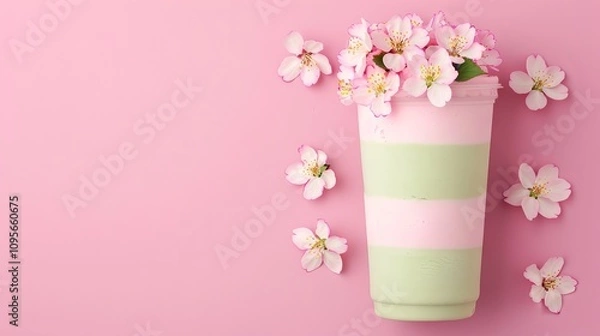 Fototapeta Colorful drink with flowers on a pink background.