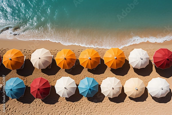 Fototapeta aerial view of colorful umbrellas arranged in a row on the beach,.