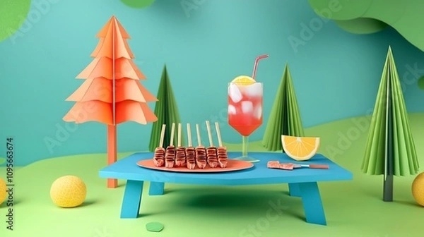 Fototapeta Captivating modern paper cut scene showcasing a picnic table adorned with grilled pork skewers a refreshing beverage and a vibrant minimalist design  This image evokes a sense of summer leisure
