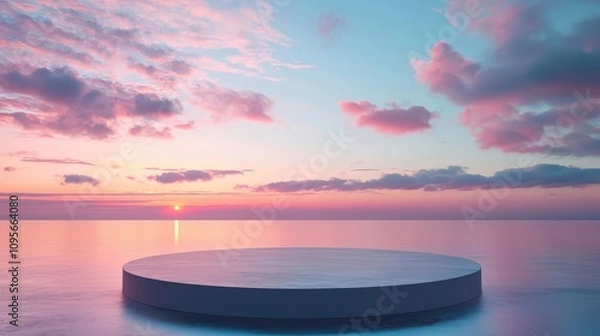 Fototapeta Circular Platform Floating on Calm Ocean Water at Sunset