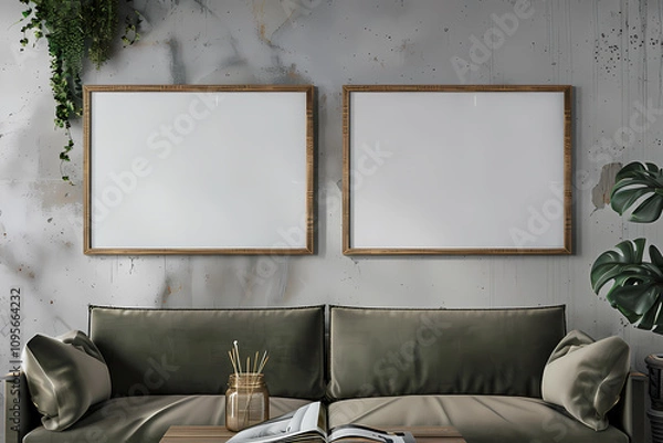 Fototapeta A modern living room featuring a green sofa, natural decor, and two empty frames ready for artwork.