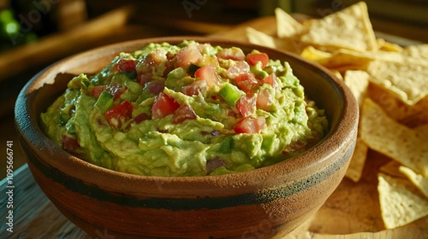 Fototapeta Guacamole with Tomatoes, Onion, and Cilantro in a Bowl with Tortilla Chips 