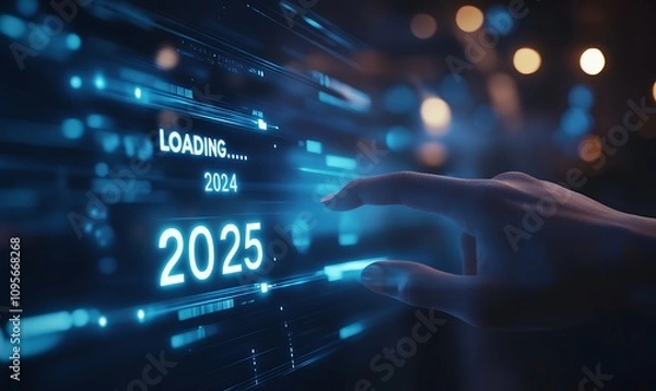 Fototapeta  Progress and transition from 2024 to 2025 concept. A person pointing to loading bar transitioning from 2024 to 2025, progress, future planning, and new year goals. annual planning and business growth