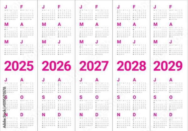 Fototapeta 2025 2026 2027 2028 2029 year calendar vector design template