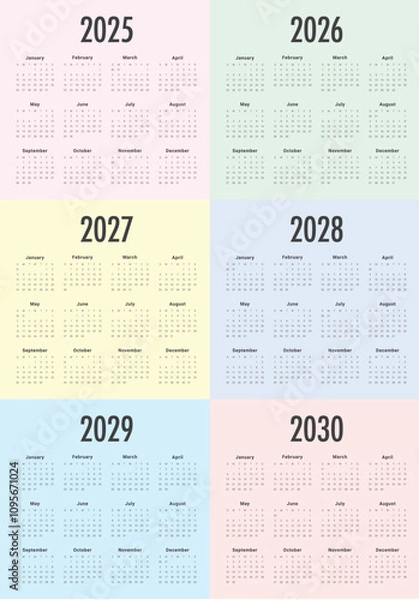 Fototapeta 2025 2026 2027 2028 2029 2030 year calendar vector design template
