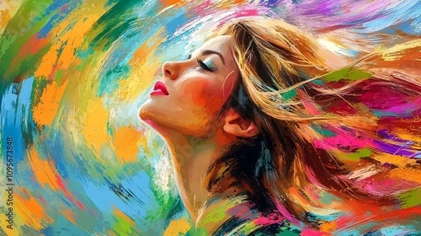 Fototapeta Vibrant Dynamic Digital Painting of a Bold Upward Looking Woman Enveloped in a Whirlwind of Colorful Expressive Strokes Swirls and Abstract Patterns