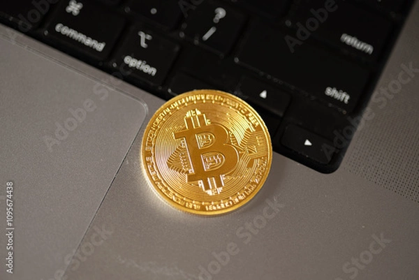 Fototapeta Bitcoin on a laptop surface